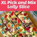 A sliced lolly slice topped with colorful candies, licorice, and chocolate is shown along with images of the ingredients and the process of assembling the dessert.