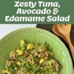 Top-down view of ingredients and a prepared salad with tuna, avocado, and edamame, garnished with sesame seeds and herbs, displayed in bowls and on a plate.