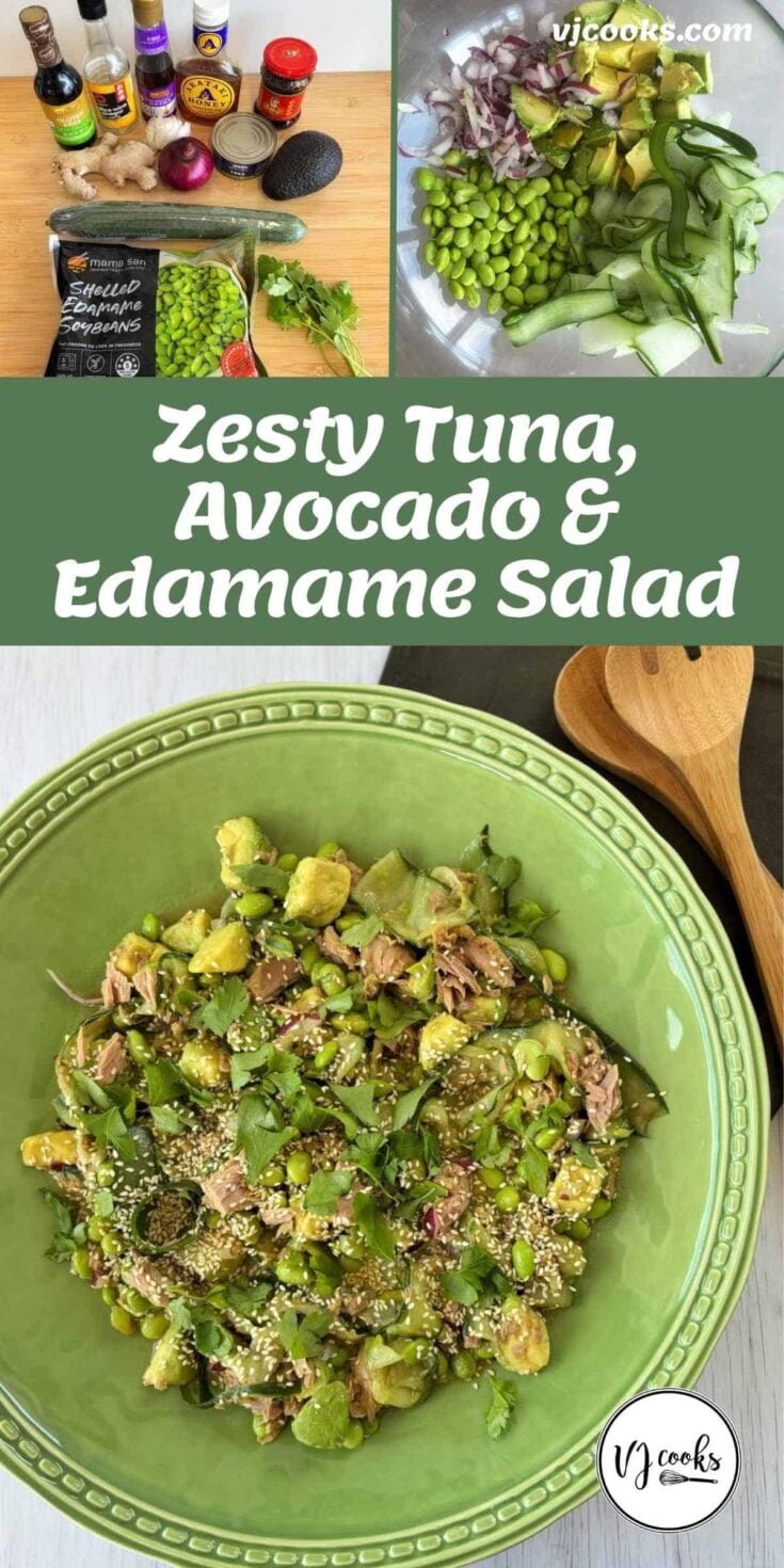Top-down view of ingredients and a prepared salad with tuna, avocado, and edamame, garnished with sesame seeds and herbs, displayed in bowls and on a plate.