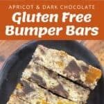 Ingredients, preparation, and finished slices of apricot and dark chocolate gluten free bumper bars arranged on a wooden surface. Text overlay reads: “Apricot & Dark Chocolate Gluten Free Bumper Bars.”.