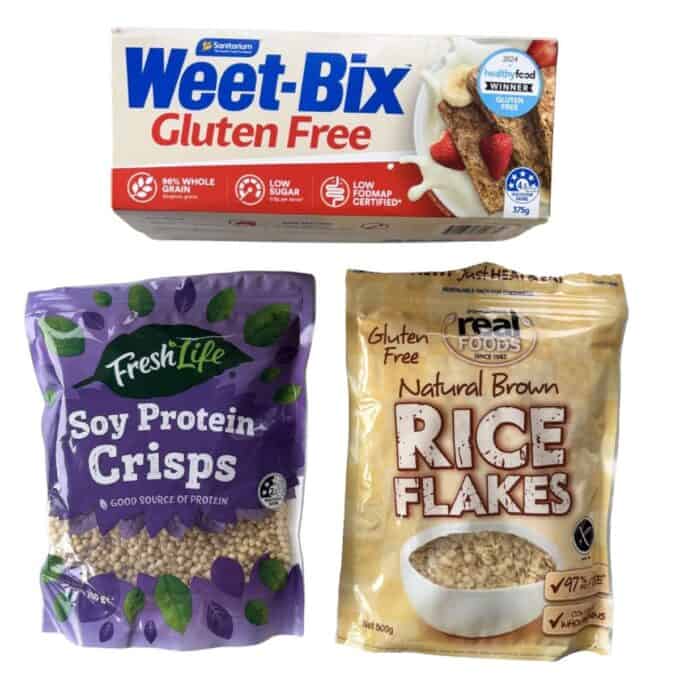 Gluten Free Bumper Bars Three gluten free food products: a box of Weet-Bix Gluten Free cereal, a bag of Fresh Life Soy Protein Crisps, a bag of Real Foods Natural Brown Rice Flakes, and delicious Gluten Free Bumper Bars.