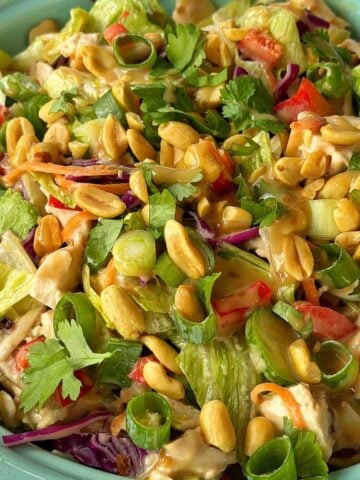 A close-up of a colorful salad with lettuce, peanuts, green onions, red bell peppers, cilantro, and a creamy dressing on a light green plate.