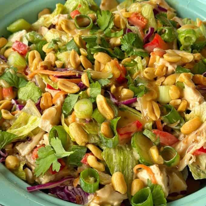 Rotisserie Chicken Salad A close-up of a colorful salad with lettuce, peanuts, green onions, red bell peppers, cilantro, and a creamy dressing on a light green plate.
