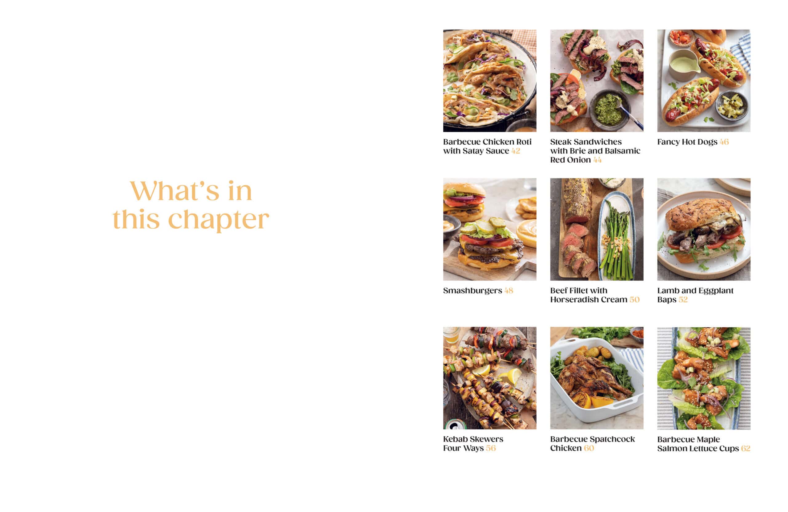 Grid of nine food photos with titles, including Barbecue Chicken Roll, Steak Sandwiches, Fancy Hot Dogs, Smashburgers, Beef Filet, Lamb Eggplant Boats, Kebab Skewers, Barbecue Spatchcock Chicken, and Salmon Lettuce Cups.