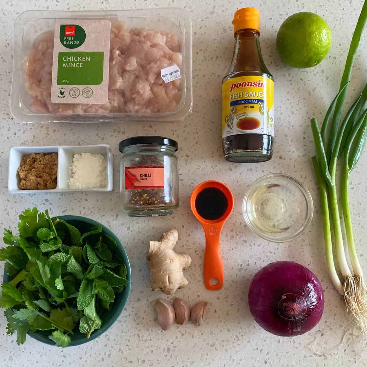 Chicken Larb Ingredients for a Thai dish, including chicken mince, fish sauce, lime, herbs, brown sugar, chili flakes, ginger, garlic, spring onions, and red onion, arranged on a countertop.