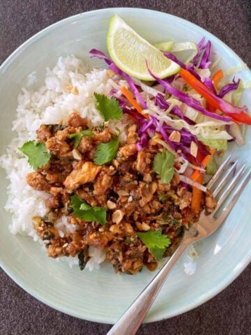 A plate with white rice, stir-fried chicken with herbs and peanuts, a fresh salad with cabbage and carrots, and a lime wedge. A fork rests on the plate.