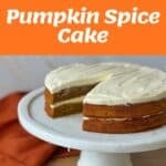 Pumpkin spice cake with cream cheese frosting, shown whole and sliced on plates, alongside ingredients and mixing process.