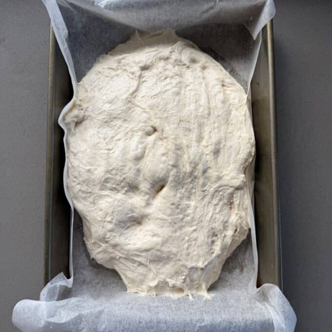 XL No-Knead Focaccia A rectangular baking pan lined with parchment paper holds an unbaked, spread-out dough ready for baking.