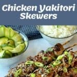 Grilled chicken skewers glazed with yakitori sauce, served with rice, sliced cucumber, and garnished with sesame seeds and spring onions.