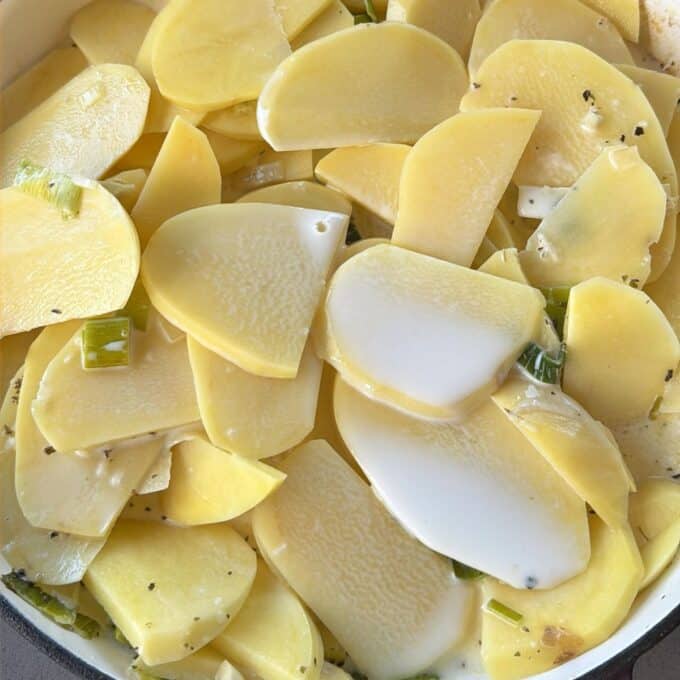 Potato Leek Gratin Sliced yellow potatoes mixed with chopped green onions, herbs, and a creamy white sauce in a pot, ready to be cooked.