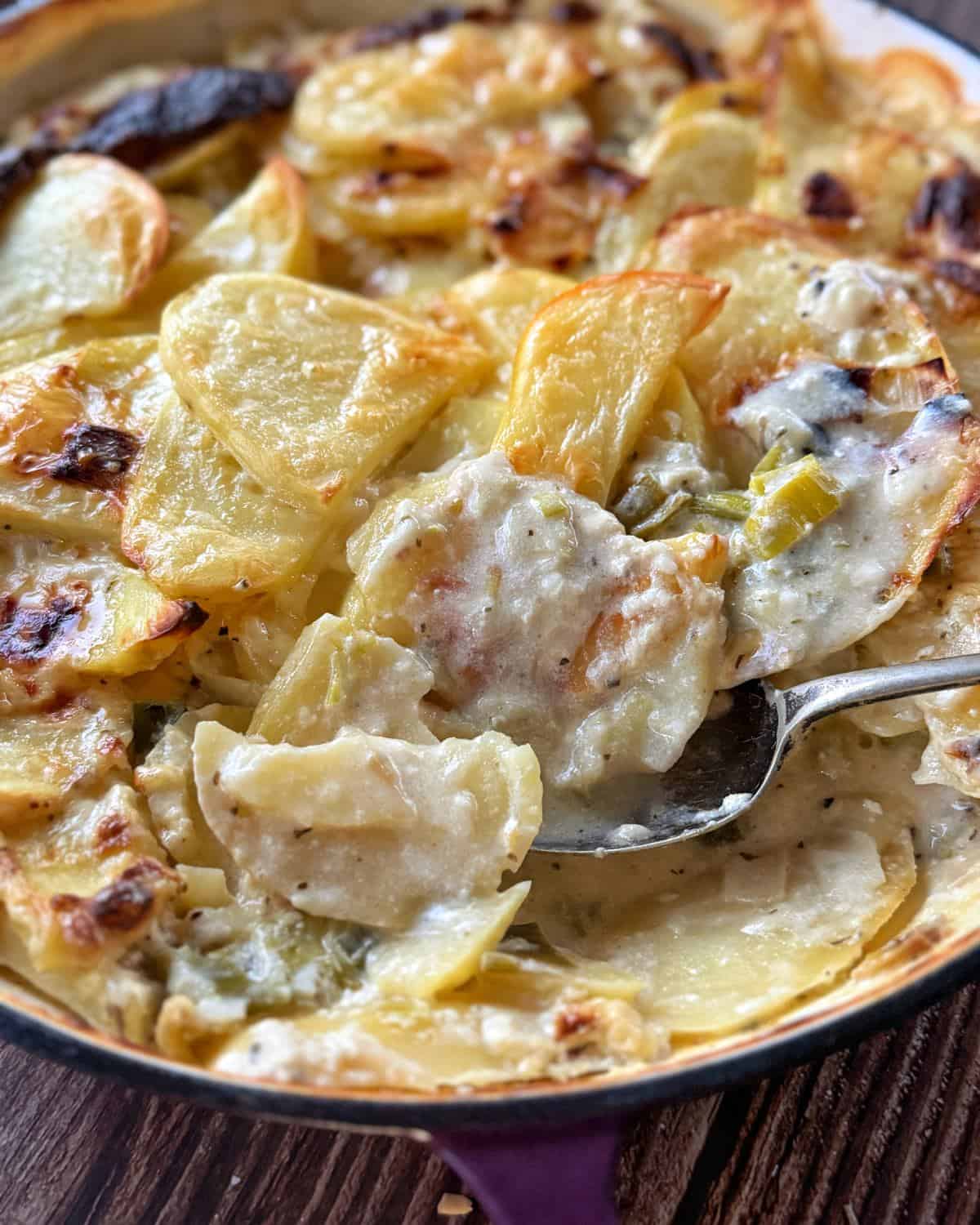Potato Leek Gratin A close-up of a baked potato gratin with golden, sliced potatoes and creamy sauce in a pan, with a serving spoon scooping some out.