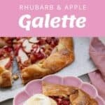 A sliced rhubarb and apple galette on a plate with cream, alongside ingredients and preparation steps displayed.