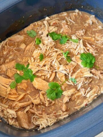 Shredded chicken in sauce garnished with fresh cilantro, served in a slow cooker.