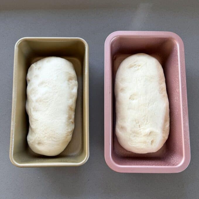 White Sandwich Bread Two uncooked loaves of bread dough rest in metal loaf pans, one gold and one pink, on a gray surface.