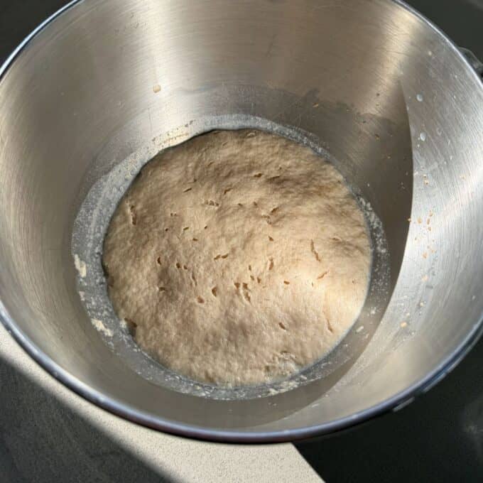 White Sandwich Bread A stainless steel bowl containing risen bread dough with bubbles on the surface sits on a countertop in natural light.