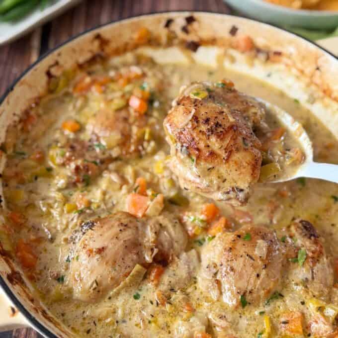 Creamy French Mustard Chicken Four browned chicken thighs simmer in a creamy sauce with diced carrots and herbs in a skillet. A spoon lifts one piece of chicken from the pan.