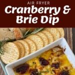 Cranberry and Brie dip in a ceramic dish, served with crackers and rosemary.