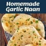 A collage showing ingredients, naan cooking in a pan, and a stack of finished garlic naan topped with herbs.
