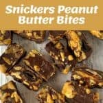 Ingredients and steps for making Snickers-inspired peanut butter and date chocolate bites, shown as a finished snack.